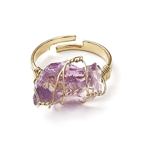 COLORFUL BLING Gold Tone Copper Wire Wrapped Irregular Quartz Nature Stone Crystal Gemstone Open Adjustable Rings Jewelry for Women Handmade Healing Chakra Gifts