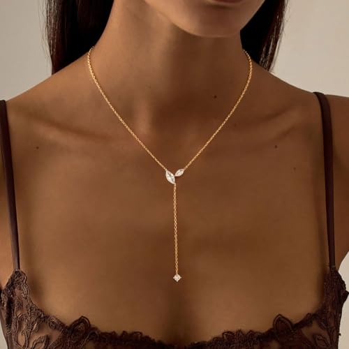 Gold Necklace for Women, Dainty Long Necklace 14k Gold Plated Lariat Long Necklaces for Women Trendy Simple Statement Drop Necklace Fashion Body Chain Prom Jewelry Gold Accessories - color: 21-Gold