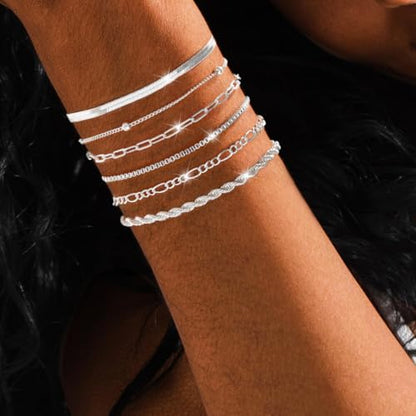 Gold/Silver Bracelets for Women,14K Real Gold Plated Bracelets Stack Trendy Jewelry Sets Stackable Snake Chain Figaro Paperclip Link Chain Adjustable Bracelet Pack Jewelry for Women - style: 6PCS-SL