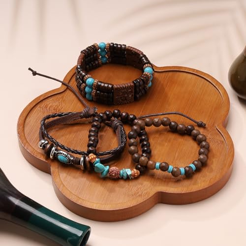 Mens Beaded Bracelets Tribal Wooden Elastic Adjustable Prayer Beads Wrap Cuff for Women - color: H: 4pcs