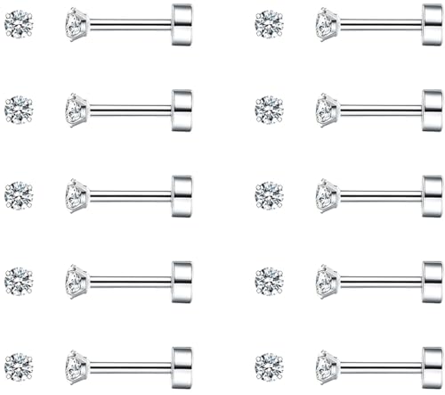 SIISPRI 10 Pairs Tiny Cartilage Stud Earrings for Women Men 14K Gold Plated Surgical Stainless Steel Flat Back Earrings Hypoallergenic Cubic Zirconia Studs Earrings 2mm 3mm Tragus Helix Daith Piercing - color: 3mm-silver-10pair