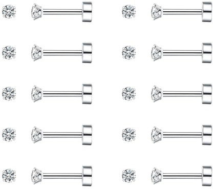 SIISPRI 10 Pairs Tiny Cartilage Stud Earrings for Women Men 14K Gold Plated Surgical Stainless Steel Flat Back Earrings Hypoallergenic Cubic Zirconia Studs Earrings 2mm 3mm Tragus Helix Daith Piercing - color: 3mm-silver-10pair