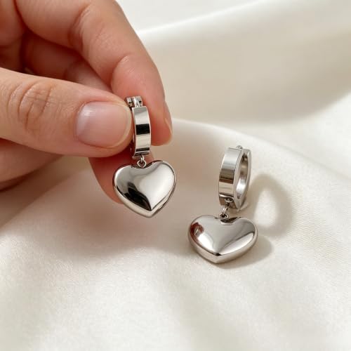 Silver Hoop Earrings for Women Stainless Steel Heart Charm Huggie | Statement Jewelry