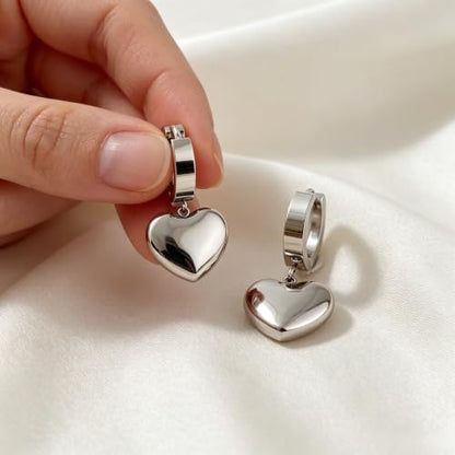 Silver Hoop Earrings for Women Stainless Steel Heart Charm Huggie | Statement Jewelry