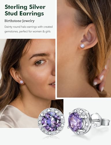 Dainty Birthstone Earrings for Women Sterling Silver Small Stud Earrings with Halo Cushion/Round Created Gemstone Earrings Birthstone Jewelry - style: B 06. Jun./created alexandrite-round cut