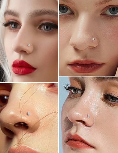 Akeoqi 15PCS G23 Titanium Nose Studs Ring L-Shaped Round CZ Ball Opal Star Heart Nose Studs Nostril Body Piercings Jewelry Set for Women Men Silver Gold Tone 20G 1.5mm 2mm 2.5mm 3mm 3.5mm