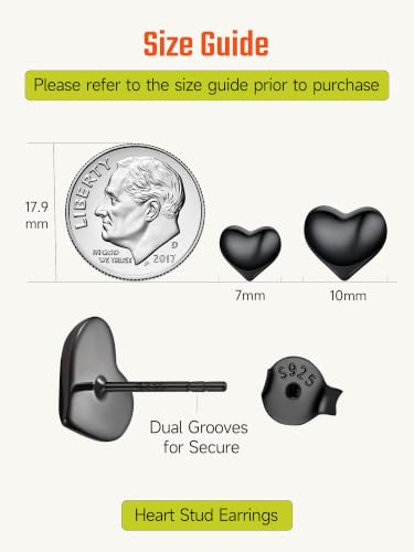 JustBeingCute Heart Stud Earrings 14K Gold Plated 925 Sterling Silver Posts | Dainty Simple Heart Earrings for Women hypoallergenic Chunky Puffy Studs Lightweight with Gift Box（7/10mm） - color: 7mm Black Stud