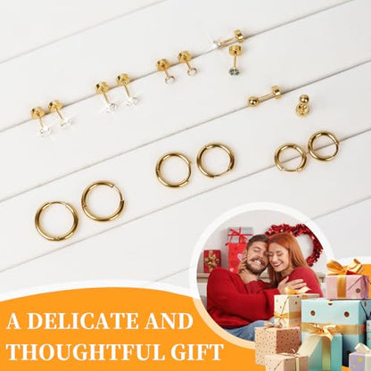 Surgical Steel Earrings for Sensitive Ears Hypoallergenic 20G Stainless Steel Stud Hoop Earrings for Women Men Small Opal Ball CZ Surgical Steel Flat Back Earrings Cartilage Earrings Hoop Stud - color: Gold