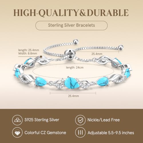 FANCIME Birthstone Teardrop Tennis Bracelet for Women, Sterling Silver 9x7mm main Gemstone Bolo Adjustable Chain Bracelet Fine Jewelry Birthday Gifts for Women Mom Wife Her - color: 12-Turquoise