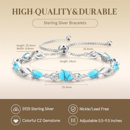 FANCIME Birthstone Teardrop Tennis Bracelet for Women, Sterling Silver 9x7mm main Gemstone Bolo Adjustable Chain Bracelet Fine Jewelry Birthday Gifts for Women Mom Wife Her - color: 12-Turquoise