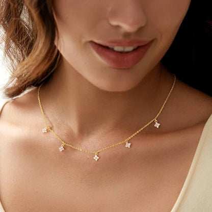 Ursteel 14K-Gold-Plated Necklace for Women Girls, Cute Daisy Pearl Necklace for Girls Clover Butterfly Cubic Zirconia Flower Evil Eye Station Necklaces for Women Teen Girl Gifts - color: "Clover Zircon