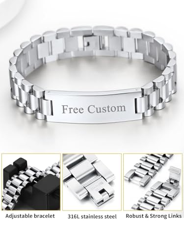 ChainsHouse Men Stainless Steel Bracelet Adjustable Custom ID Engraved Gift | Personalized Silver/Gold/Black for Birthday Father Husband Boyfriend with Gift Box Adjustable Tool 10mm/15mm/15.5mm 8.3"/8.7" - color: D.15mm Width-Silver-Text Custom