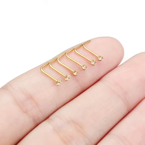 6Pcs Nose Rings Studs Surgical Steel L-Shape Nose Rings for Women 1.5mm Cubic Zirconia Nostril Screw Studs Hypoallergenic Nostril Piercings 24g 22g 20g - color: L-shape,goldtone, size: 20g,1.5mm CZ