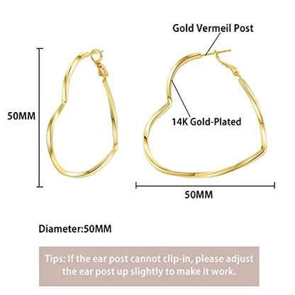 Trendy 14K Gold Plated Hoop Earrings for Women, Chunky Gold/Silver Earrings for Women Cubic Zirconia Baguette Hoop Earrings Heart Hoops Lightweight Hypoallergenic Jewelry,25mm/35mm/40mm/50mm - color: 07 Gold Heart Hoops 50mm