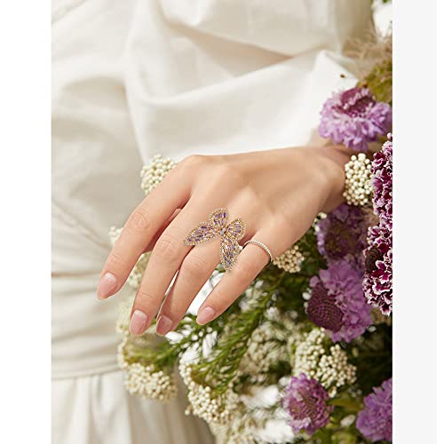Butterfly Rings for Women Adjustable Golden Cocktail Ring Sparkly Stones Statement Silver Bow Open Wrap Bow Jewelry Bridesmaids Wedding Valentine’s Day Gift Lover Mother - color: JZ03-Gold Purple