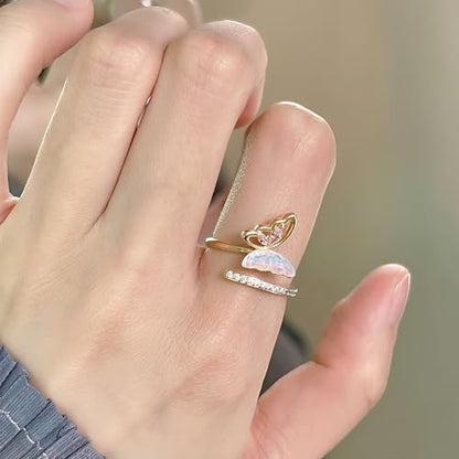 Mettclasi Women's 14K Gold Plated Stackable Ring Crystal Inlaid Dainty Trendy Cute Adjustable Open Twist Rings Jewelry Gifts - style: Butterfly
