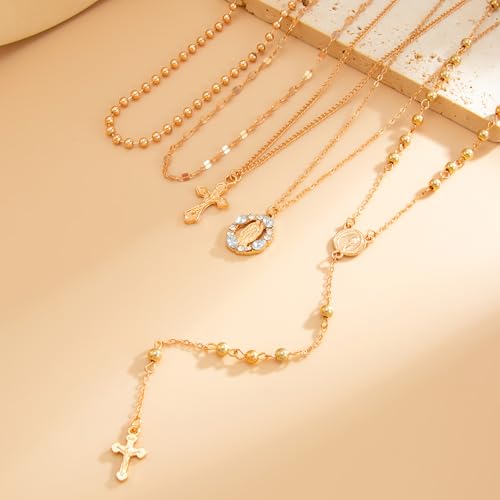 Layered Cross Necklace Set for Women, Layered Choker Necklaces Trendy Jewelry, Colorful Enamel Beaded Y-Shaped Lariat Necklace, Boho Multilayer Cross Necklace for Party and Daily Wear - color: Gold-03