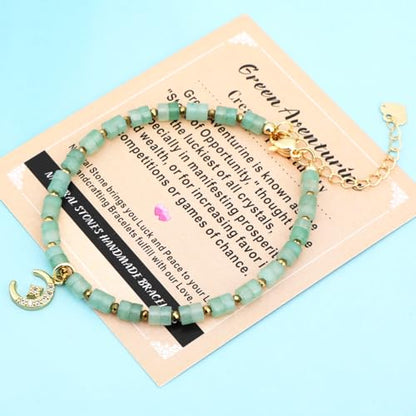 Natural Gemstone Healing Crystal Dainty Charms Bracelet Adjustable Chain Extender Minimalist Jewelry - color: Aventurine + Star and Moon