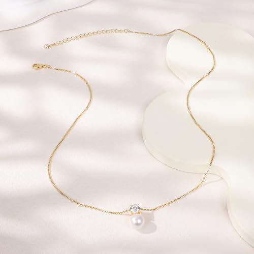 Gold Pearl Necklaces for Women Trendy, 14K Gold Plated Dainty Necklace Simple Single Double Layered Pearl Pendant Necklaces for Women Wedding Birthday Jewelry Gifts - color: 6-CZ Pearls-Gold