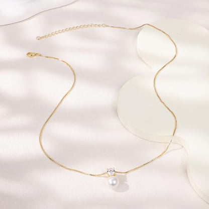 Gold Pearl Necklaces for Women Trendy, 14K Gold Plated Dainty Necklace Simple Single Double Layered Pearl Pendant Necklaces for Women Wedding Birthday Jewelry Gifts - color: 6-CZ Pearls-Gold