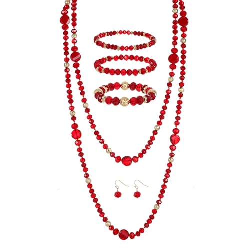 Trendy Infinity Wrap 60’’ Long Statement Necklace, Earrings and Bracelet Set - Hand Knotted Versatile Crystal and Shell Beads Strand Necklace and Chunky Beaded Stretch Bracelet Stack – Jewelry Set Gift for Women - color: Red