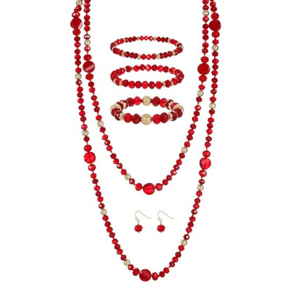 Trendy Infinity Wrap 60’’ Long Statement Necklace, Earrings and Bracelet Set - Hand Knotted Versatile Crystal and Shell Beads Strand Necklace and Chunky Beaded Stretch Bracelet Stack – Jewelry Set Gift for Women - color: Red