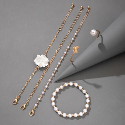 5Pcs Boho White Flower Beaded Pearl Bracelets for Women Trendy, Cute Gold Silver Stackable Floral Petal Pearls Beads Chain Bracelet Holiday Jewelry Gifts - color: Gold