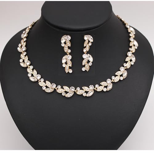 QLLYHLH Woman’s Brides Bridesmaid Leaf Choker Necklace Dangle Earrings Link Bracelet Austrian Crystal Wedding Jewelry Set Prom Costume Party Events | Brides, Bridesmaid, Prom, Events, Costume Party, Leaf - color: White-Gold Plated