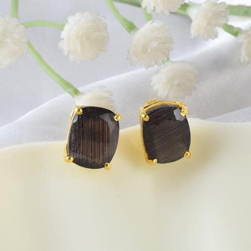Women's 18K Gold Plated 8x10mm Princess Cut Gemstone Stud Earrings – Birthstone Jewelry for Her – Classic Cushion Studs - color: Black Elisha