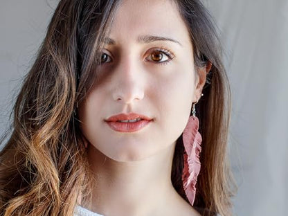 Leather Feather Earrings, Suede layered earrings, boho wedding jewelry, summer earrings, gift for her, dangle earrings - color: light pink