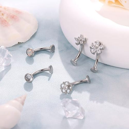 REVOLIA 5Pcs 14G Surgical Steel Floating Belly Button Rings for Women Flat Back Petite Belly Ring Opal Flower CZ Small Navel Rings Internally Threaded Belly Piercing Jewelry 8/10/12/14mm - color: silver