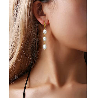 Long Pearl Earrings for Women 14K Gold Plated Sterling Silver Baroque Pearl Dangle Drop Earrings With Elegant Hook