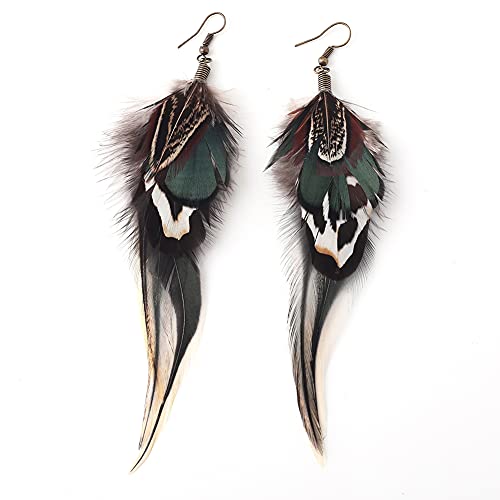 Bohemian Long Feather Earrings for Women Handmade Natural Dangle Tassel Jewelry - color: Style A
