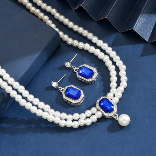 Pearl Necklace and Earring Jewelry Set for Women,Fake Pearls Necklace White Pearl Rhinestone Choker for Prom Wedding Birthday Bridal Bridesmaid Costume Accessories