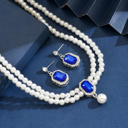 Pearl Necklace and Earring Jewelry Set for Women,Fake Pearls Necklace White Pearl Rhinestone Choker for Prom Wedding Birthday Bridal Bridesmaid Costume Accessories
