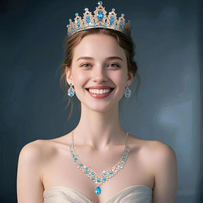 Tiaras and Crowns for Women,Tiaras Earrings Necklace, Crystal Bridal Jewelry Set - color: Lake Blue