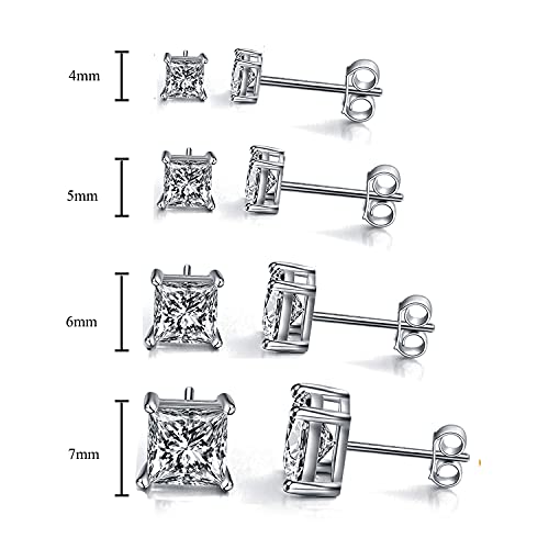 925 Sterling Silver Stud Earrings 4 Prong Princess Cut Square Cubic Zirconia Ear Stud for Women Men CZ 4mm-7mm - style: White Gold--6.20cttw (7mm)