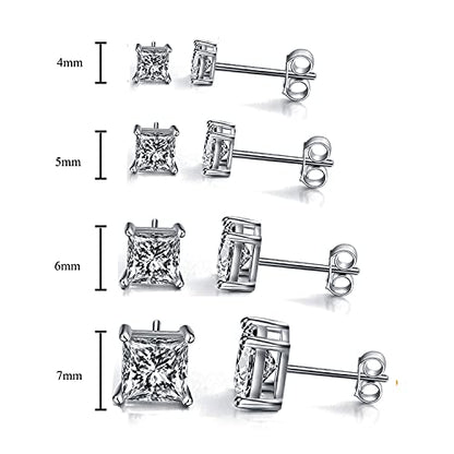 925 Sterling Silver Stud Earrings 4 Prong Princess Cut Square Cubic Zirconia Ear Stud for Women Men CZ 4mm-7mm - style: White Gold--6.20cttw (7mm)