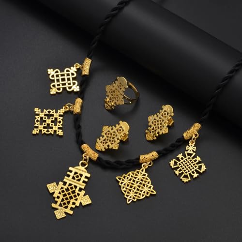 Ethiopian Traditional Jewelry | Eritrean Jewelry for Women Set | Ethiopian African Jewelry Wedding Sets Includes Cross Pendant Black Rope Earrings Ring Sets African Eritrean Religion - color: Gold Color