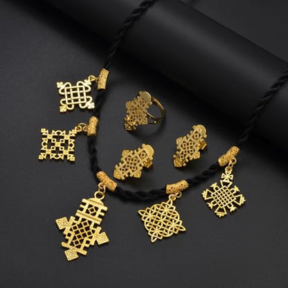 Ethiopian Traditional Jewelry | Eritrean Jewelry for Women Set | Ethiopian African Jewelry Wedding Sets Includes Cross Pendant Black Rope Earrings Ring Sets African Eritrean Religion - color: Gold Color