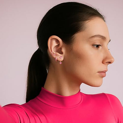 3 Pairs Dainty Small Earrings Set for Women Trendy, Birthstone Stud Huggie Hoop Jacket Stack for Cartilage Helix, Gold Plated Hypoallergenic Cute Women Fashion Accessories Western Jewelry Gifts - color: 10Pink-Oct (Gold)