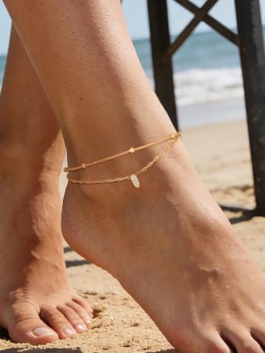 Richsteel Initial Ankle Bracelets for Women Waterproof, 14K Gold Plated/Silver Stainless Steel Anklets, Dainty Adjustable Layered Anklets with Bubble Letter, Non Tarnish Summer Beach Jewelry with Gift Box - color: I-Gold-Plated