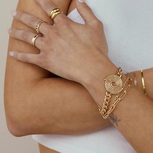 PEARLADA 18k Gold Plated Chain Layerd Bracelet Coin Charm Toggle Bracelet Trendy Cubic Zirconia Jewelry - color: Swirl Plate