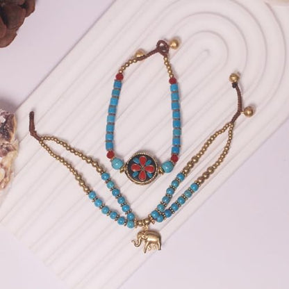 Petite Adjustable Boho Bracelet for Small Wrists 6-7.5 Inch - Handmade Nepalese Buddhist Prayer Bracelet with Elephant Charm, Brass Bell, Turquoise Stone & Tibetan Mantra Beads, Spiritual Lucky Gift - color: Blue-2Pcs