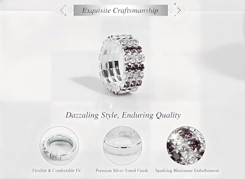 Sparkling Rhinestone Ring Set Trendy Elastic Rhinestone Crystal Stretch Ring Stackable Jewelry for Women Girls - color: 3 Rows Ring-Silver+White+Purple