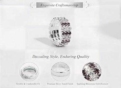 Sparkling Rhinestone Ring Set Trendy Elastic Rhinestone Crystal Stretch Ring Stackable Jewelry for Women Girls - color: 3 Rows Ring-Silver+White+Purple