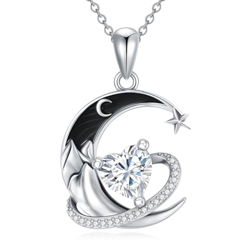 I Love You to the Moon and Back Necklace 925 Sterling Silver Black Crescent Moon Star Pendant with Heart Birthstone Necklace Anniversary Gothic Jewelry Gifts for Women Wife Lovers - color: 04-Apri-White