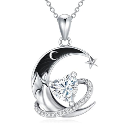 I Love You to the Moon and Back Necklace 925 Sterling Silver Black Crescent Moon Star Pendant with Heart Birthstone Necklace Anniversary Gothic Jewelry Gifts for Women Wife Lovers - color: 04-Apri-White