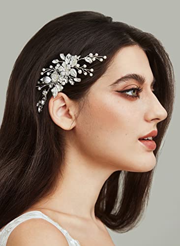SWEETV Silver Bridal Hair Comb for Wedding Hair Accessories, Handmade with Crystals, Pearls, and Leaves, 4.72 x 2.75 inches, for Brides, Women | Handmade Crystals Pearls Leaves Bridal Hair Accessories, Wedding Hair Pieces for Brides Bridal Hair Pieces 4.7
