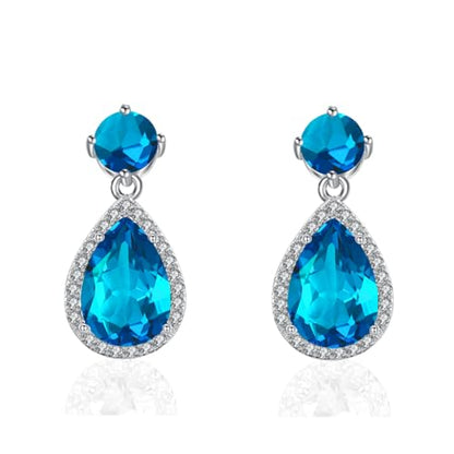 Drop Dangle Earrings Teardrop Gemstone Waterdrop White Gold Plated Crystal Hanging Cubic Zirconia Ruby Sapphire Emerald Jewelry Gift for Women Mother Wife - color: Blue